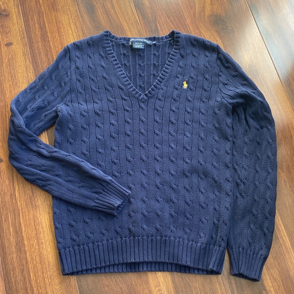 Ralph Lauren Sport 100% Cotton Cable Knit V-Neck Sweater Navy with Yellow Pony
